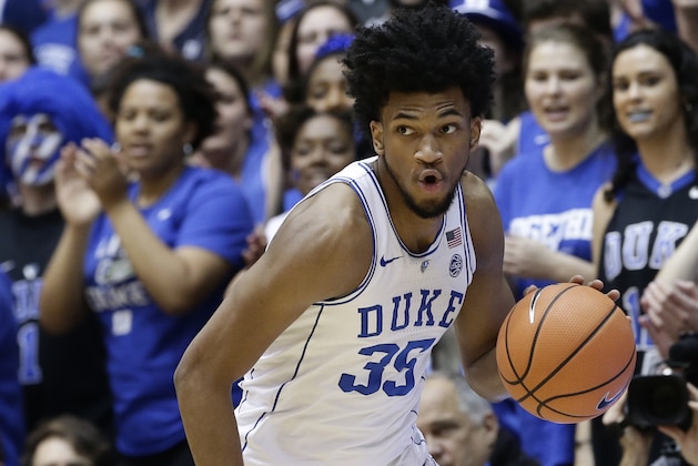 Duke's Marvin Bagley III (35) dribbles against Notre Dame during the first half of an NCAA college basketball game in Durham, N.C., Monday, Jan. 29, 2018. (AP Photo/Gerry Broome)