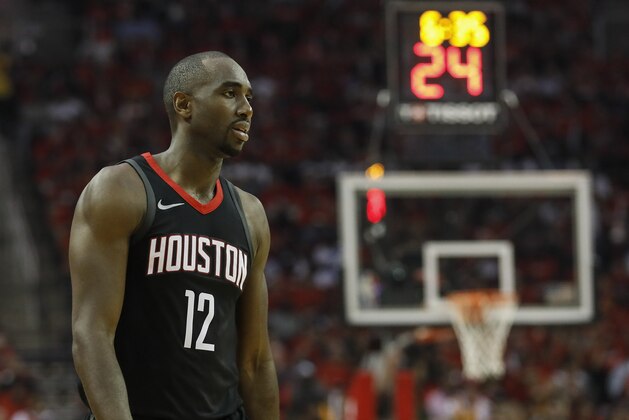 HOUSTON, TX - APRIL 29:  Luc Mbah a Moute #12 of the Houston Rockets reacts in the first half during Game One of the Western Conference Semifinals of the 2018 NBA Playoffs against the Utah Jazz at Toyota Center on April 29, 2018 in Houston, Texas.  NOTE TO USER: User expressly acknowledges and agrees that, by downloading and or using this photograph, User is consenting to the terms and conditions of the Getty Images License Agreement.  (Photo by Tim Warner/Getty Images)