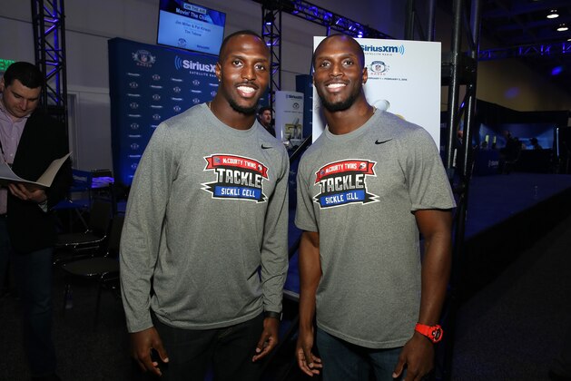 SAN FRANCISCO, CA - FEBRUARY 04:  Twins Devin McCourty of the New England Patriots (L) and Jason McCourty of the Tennessee Titans visit the SiriusXM set at Super Bowl 50 Radio Row at the Moscone Center on February 4, 2016 in San Francisco, California.  (Photo by Cindy Ord/Getty Images for SiriusXM)
