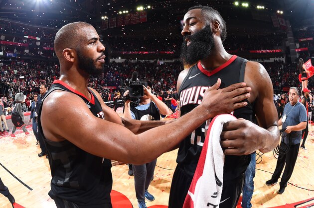 HOUSTON, TX - MAY 8: Chris Paul #3 and James Harden #13 of the Houston Rockets talk after the game against the Utah Jazz during Game Five of the Western Conference Semifinals of the 2018 NBA Playoffs on May 8, 2018 at the Toyota Center in Houston, Texas. NOTE TO USER: User expressly acknowledges and agrees that, by downloading and or using this photograph, User is consenting to the terms and conditions of the Getty Images License Agreement. Mandatory Copyright Notice: Copyright 2018 NBAE (Photo by Andrew D. Bernstein/NBAE via Getty Images)