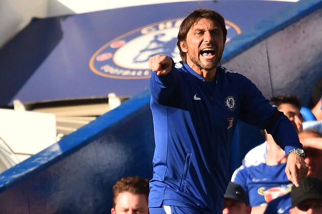 Chelsea's Italian head coach Antonio Conte gestures during the English Premier League football match between Chelsea and Liverpool at Stamford Bridge in London on May 6, 2018. (Photo by Glyn KIRK / AFP) / RESTRICTED TO EDITORIAL USE. No use with unauthorized audio, video, data, fixture lists, club/league logos or 'live' services. Online in-match use limited to 75 images, no video emulation. No use in betting, games or single club/league/player publications. /         (Photo credit should read GLYN KIRK/AFP/Getty Images)