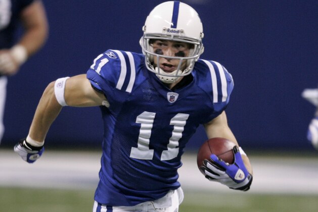 Indianapolis Colts wide receiver Anthony Gonzalez (11) runs after a catch during an NFL football game against the Houston Texans in Indianapolis, Sunday, Nov. 16, 2008. (AP Photo/Darron Cummings)