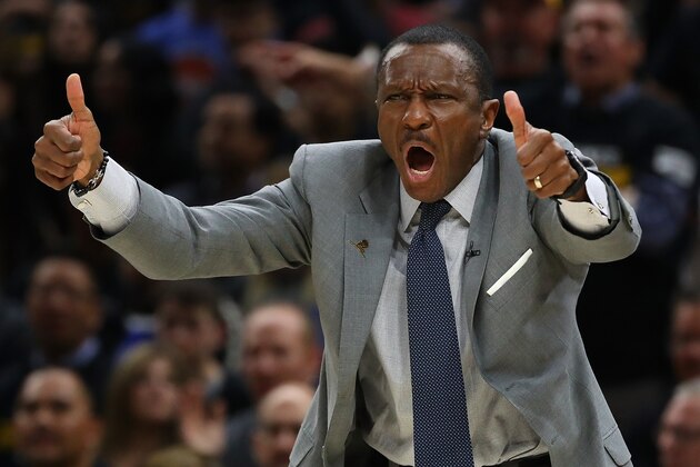 CLEVELAND, OH - MAY 05:  Head coach Dwane Casey of the Toronto Raptors reacts while playing the Cleveland Cavaliers in Game Three of the Eastern Conference Semifinals during the 2018 NBA Playoffs at Quicken Loans Arena on May 5, 2018 in Cleveland, Ohio. NOTE TO USER: User expressly acknowledges and agrees that, by downloading and or using this photograph, User is consenting to the terms and conditions of the Getty Images License Agreement. (Photo by Gregory Shamus/Getty Images)