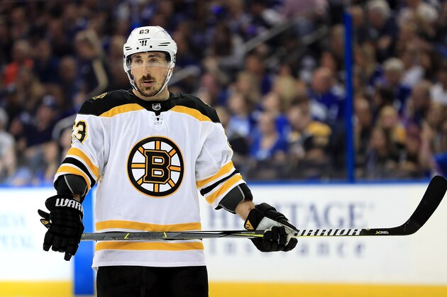 TAMPA, FL - MAY 06:  Brad Marchand #63 of the Boston Bruins looks on during Game Five of the Eastern Conference Second Round against the Tampa Bay Lightning during the 2018 NHL Stanley Cup Playoffs at Amalie Arena on May 6, 2018 in Tampa, Florida.  (Photo by Mike Ehrmann/Getty Images)