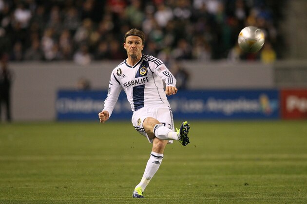 CARSON, CA - MARCH 10:  David Beckham #23 of the Los Angeles Galaxy takes a direct free kick in the second half of the MLS match against Real Salt Lake at The Home Depot Center on March 10, 2012 in Carson, California. Real Salt Lake defeated the Galaxy 3-1.  (Photo by Victor Decolongon/Getty Images)