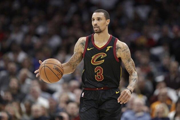 Cleveland Cavaliers' George Hill drives against Milwaukee Bucks in the first half of an NBA basketball game, Monday, March 19, 2018, in Cleveland. (AP Photo/Tony Dejak)