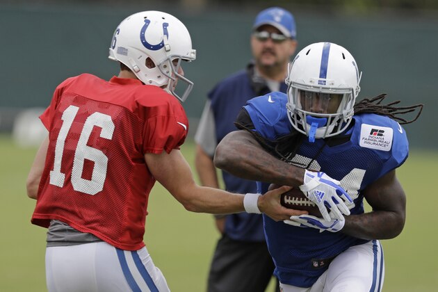 Indianapolis Colts quarterback Scott Tolzien hands off to running back Matt Jones during an NFL football practice, Wednesday, Sept. 6, 2017, in Indianapolis. (AP Photo/Darron Cummings)