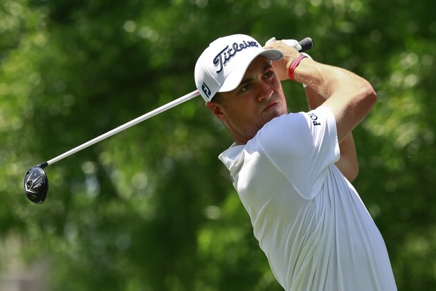 Justin Thomas watches his tee shot on the second hole during the first round of the Wells Fargo Championship golf tournament at Quail Hollow Club in Charlotte, N.C., Thursday, May 3, 2018. (AP Photo/Jason E. Miczek)
