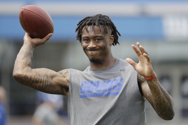 New York Giants wide receiver Brandon Marshall works out during NFL football training camp, Tuesday, Aug. 8, 2017, in East Rutherford, N.J. (AP Photo/Julio Cortez)