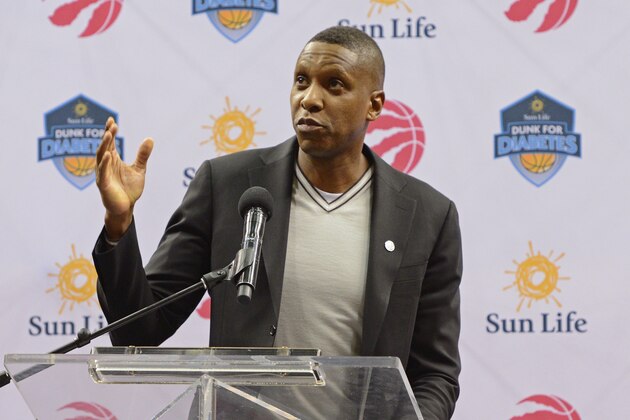 TORONTO, CANADA - OCTOBER 17:  Masai Ujiri of the Toronto Raptors teams up with Sunlife for the Dunk for Diabetes campaign on October 17 at the Air Canada Centre in Toronto, Ontario, Canada.  NOTE TO USER: User expressly acknowledges and agrees that, by downloading and or using this Photograph, user is consenting to the terms and conditions of the Getty Images License Agreement.  Mandatory Copyright Notice: Copyright 2017 NBAE (Photo by Ron Turenne/NBAE via Getty Images)