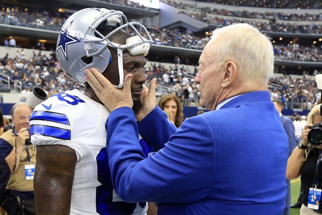 Dallas Cowboys wide receiver Dez Bryant (88) talks to team owner Jerry Jones before an NFL football game against the New York Giants, Sunday Sept. 11, 2016, in Arlington, Texas. (AP Photo/Ron Jenkins)
