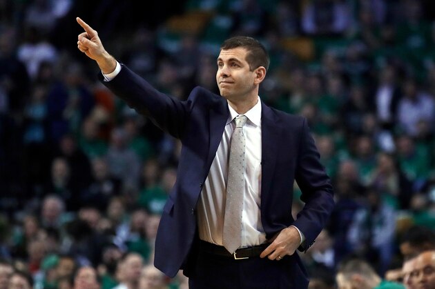 Boston Celtics coach Brad Stevens calls to his players during the first quarter against the Milwaukee Bucks in Game 5 of an NBA basketball first-round playoff series in Boston, Tuesday, April 24, 2018. (AP Photo/Charles Krupa)