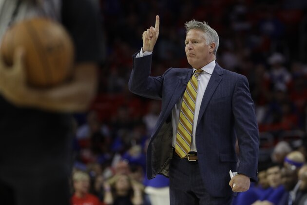 Philadelphia 76ers' Brett Brown in action during Game 4 of an NBA basketball second-round playoff series against the Boston Celtics, Monday, May 7, 2018, in Philadelphia. (AP Photo/Matt Slocum)
