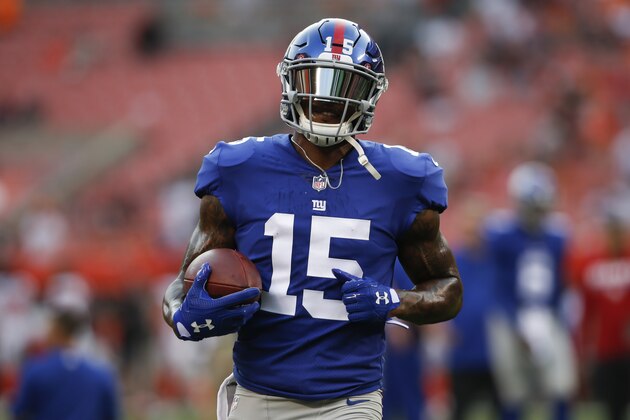 New York Giants wide receiver Brandon Marshall warms up before an NFL football game against the Cleveland Browns, Monday, Aug. 21, 2017, in Cleveland. (AP Photo/Ron Schwane)