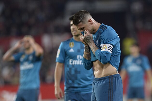 Real Madrid's Spanish defender Sergio Ramos reacts during the Spanish league football match between Sevilla and Real Madrid at the Ramon Sanchez Pizjuan stadium in Sevilla on May 9, 2018. (Photo by CRISTINA QUICLER / AFP)        (Photo credit should read CRISTINA QUICLER/AFP/Getty Images)