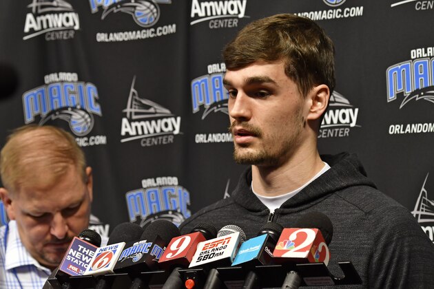 ORLANDO, FL - APRIL 12: Mario Hezonja #8 of the Orlando Magic talks to the media during a press conference on April 12, 2018 at Amway Center in Orlando, Florida. NOTE TO USER: User expressly acknowledges and agrees that, by downloading and or using this photograph, User is consenting to the terms and conditions of the Getty Images License Agreement. Mandatory Copyright Notice: Copyright 2018 NBAE (Photo by Fernando Medina/NBAE via Getty Images)