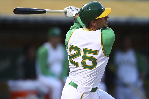 Oakland Athletics' Stephen Piscotty follows through on a two-run single off Chicago White Sox pitcher Miguel Gonzalez during the first inning of a baseball game Tuesday, April 17, 2018, in Oakland, Calif. (AP Photo/Ben Margot)