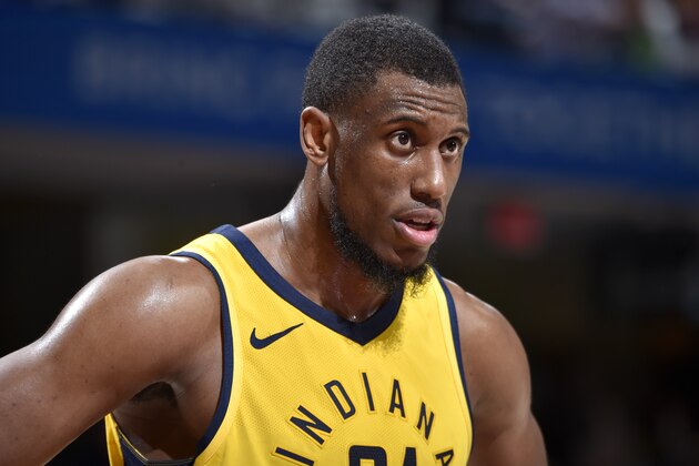 CLEVELAND, OH - APRIL 25: Thaddeus Young #21 of the Indiana Pacers looks on during the game against the Cleveland Cavaliers in Game Five of Round One of the 2018 NBA Playoffs between the Indiana Pacers and Cleveland Cavaliers on April 25, 2018 at Quicken Loans Arena in Cleveland, Ohio. NOTE TO USER: User expressly acknowledges and agrees that, by downloading and/or using this Photograph, user is consenting to the terms and conditions of the Getty Images License Agreement. Mandatory Copyright Notice: Copyright 2018 NBAE  (Photo by David Liam Kyle/NBAE via Getty Images)