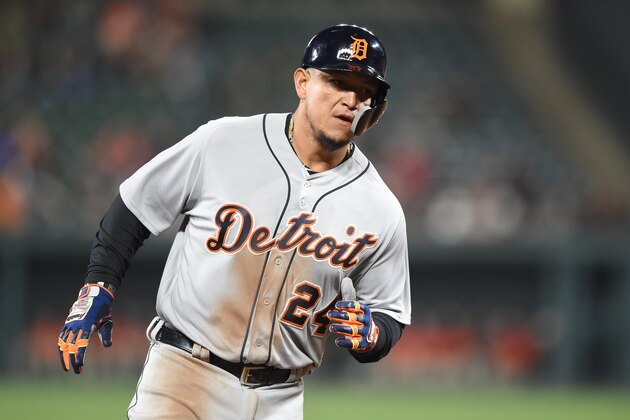 BALTIMORE, MD - APRIL 28:  Miguel Cabrera #24 of the Detroit Tigers round the bases after hitting home run during a baseball game against the Baltimore Orioles at Oriole Park at Camden Yards on April 28, 2018 in Baltimore, Maryland.  The Tigers won 9-5.  (Photo by Mitchell Layton/Getty Images) *** Local Caption *** Miguel Cabrera