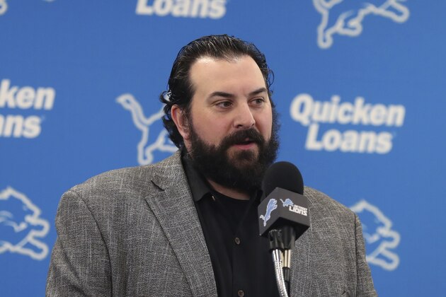 The Detroit Lions head coach Matt Patricia introduces first-round draft pick Frank Ragnow at the team's training facility, Friday, April 27, 2018, in Allen Park, Mich. (AP Photo/Carlos Osorio)