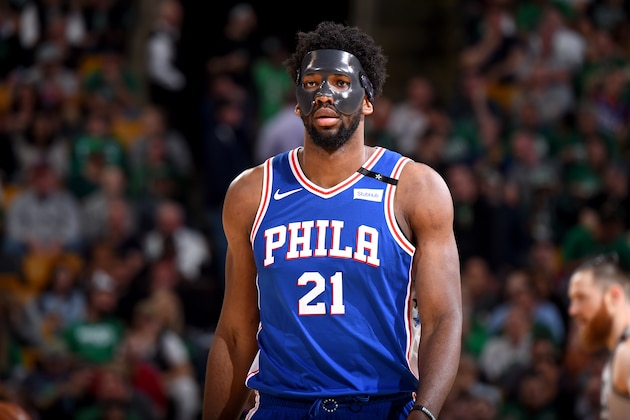 BOSTON, MA - MAY 9:  Joel Embiid #21 of the Philadelphia 76ers looks on during the game against the Boston Celtics in Game Five of the Eastern Conference Semifinals of the 2018 NBA Playoffs on May 9, 2018 at TD Garden in Boston, Massachusetts. NOTE TO USER: User expressly acknowledges and agrees that, by downloading and or using this Photograph, user is consenting to the terms and conditions of the Getty Images License Agreement. Mandatory Copyright Notice: Copyright 2018 NBAE (Photo by Brian Babineau/NBAE via Getty Images)