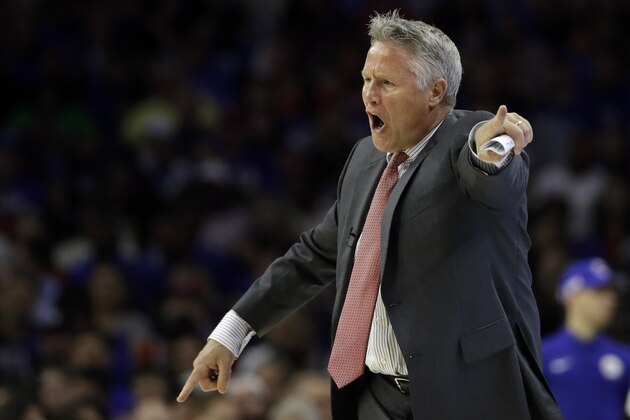 Philadelphia 76ers head coach Brett Brown yells to his team during the first half of Game 3 of an NBA basketball second-round playoff series against the Boston Celtics, Saturday, May 5, 2018, in Philadelphia. (AP Photo/Matt Slocum)