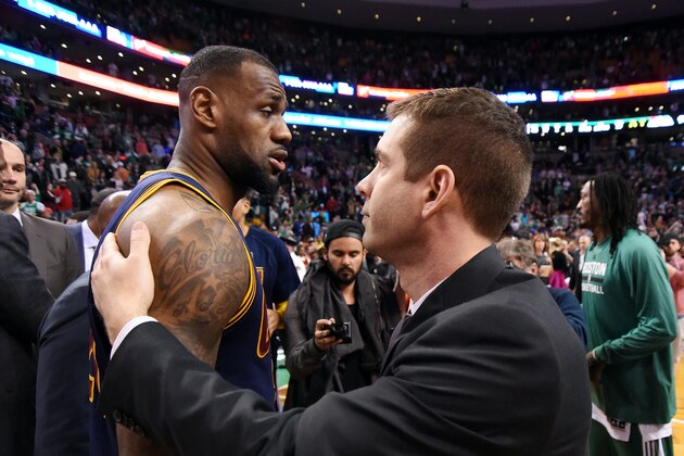 BOSTON, MA - APRIL 26: Brad Stevens of the Boston Celtics and LeBron James #23 of the Cleveland Cavaliers hug after a game in Game Four of the Eastern Conference Quarterfinals during the 2015 NBA Playoffs on April 26, 2015 at TD Garden in Boston, Massachusetts. NOTE TO USER: User expressly acknowledges and agrees that, by downloading and/or using this Photograph, user is consenting to the terms and conditions of the Getty Images License Agreement. Mandatory Copyright Notice: Copyright 2015 NBAE (Photo by Brian Babineau/NBAE via Getty Images)