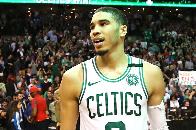 BOSTON, MA - MAY 9: Jayson Tatum #0 of the Boston Celtics celebrates after the Celtics defeat the 76ers 114-112 to advance to the Eastern Conference Finals at TD Garden on May 9, 2018 in Boston, Massachusetts. (Photo by Maddie Meyer/Getty Images)