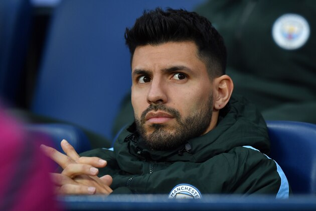 Manchester City's Argentinian striker Sergio Aguero sits on the bench ahead of the UEFA Champions League second leg quarter-final football match between Manchester City and Liverpool, at the Etihad Stadium in Manchester, north west England on April 10, 2018. / AFP PHOTO / Anthony Devlin        (Photo credit should read ANTHONY DEVLIN/AFP/Getty Images)
