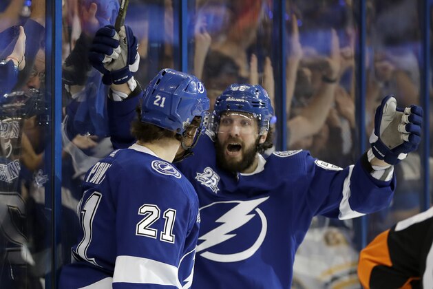 Tampa Bay Lightning center Brayden Point (21) celebrates with Nikita Kucherov after Point scored against the Boston Bruins during the second period of Game 5 of an NHL second-round hockey playoff series Sunday, May 6, 2018, in Tampa, Fla. (AP Photo/Chris O'Meara)