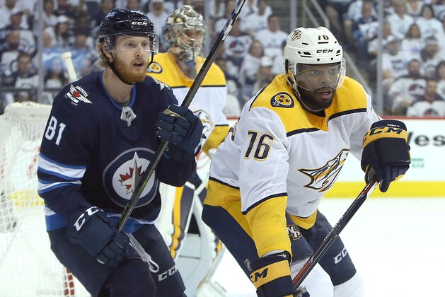 WINNIPEG, MANITOBA - MAY 7: P.K. Subban #76 of the Nashville Predators and Kyle Connor #81 of the Winnipeg Jets follow the puck in Game Six of the Western Conference Second Round during the 2018 NHL Stanley Cup Playoffs on May 7, 2018 at Bell MTS Place in Winnipeg, Manitoba, Canada. (Photo by Jason Halstead /Getty Images) *** Local Caption ***  P.K. Subban; Kyle Connor