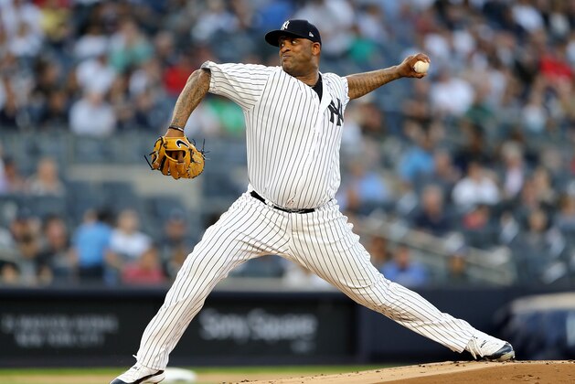 NEW YORK, NY - MAY 04:  CC Sabathia #52 of the New York Yankees delivers a pitch in the first inning against the Cleveland Indians at Yankee Stadium on May 4, 2018 in the Bronx borough of New York City.  (Photo by Elsa/Getty Images)