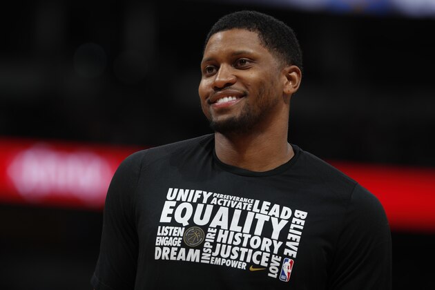 San Antonio Spurs forward Rudy Gay (22) in the second half of an NBA basketball game Friday, Feb. 23, 2018, in Denver. The Nuggets won 122-119. (AP Photo/David Zalubowski)