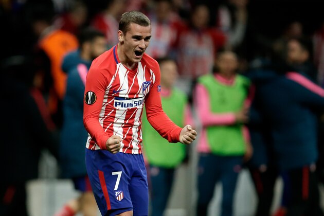 MADRID, SPAIN - MAY 3: Antoine Griezmann of Atletico Madrid celebrates the victory  during the UEFA Europa League   match between Atletico Madrid v Arsenal at the Estadio Wanda Metropolitano on May 3, 2018 in Madrid Spain (Photo by Eric Verhoeven/Soccrates/Getty Images)