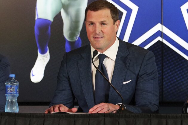 FILE - In this May 3, 2018, file photo, Dallas Cowboys tight end Jason Witten announces his retirement from football at the NFL team's training facility and headquarters in Frisco, Texas. Three new voices will work ESPN's Monday night games this NFL season: play-by-play announcer Joe Tessitore, analysts Jason Witten and Booger McFarland. (AP Photo/Richard Rodriguez, File)