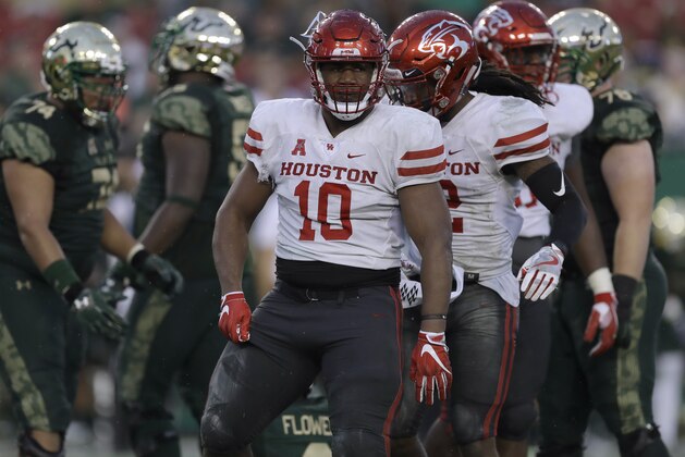 Houston defensive tackle Ed Oliver (10) during the first half of an NCAA college football game against South Florida Saturday, Oct. 28, 2017, in Tampa, Fla. (AP Photo/Chris O'Meara)