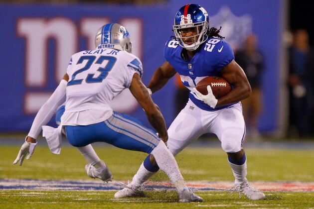 EAST RUTHERFORD, NJ - SEPTEMBER 18:  (NEW YORK DAILIES OUT)   Paul Perkins #28 of the New York Giants in action against Darius Slay #23 of the Detroit Lions  on September 18, 2017 at MetLife Stadium in East Rutherford, New Jersey. The Lions defeated the Giants 24-10.  (Photo by Jim McIsaac/Getty Images)