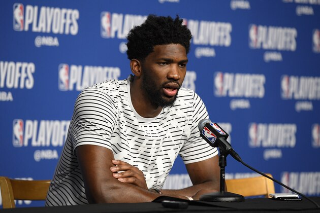 BOSTON, MA - MAY 9:  Joel Embiid #21 of the Philadelphia 76ers talks to the media after the game against the Boston Celtics in Game Five of the Eastern Conference Semifinals of the 2018 NBA Playoffs on May 9, 2018 at TD Garden in Boston, Massachusetts. NOTE TO USER: User expressly acknowledges and agrees that, by downloading and or using this Photograph, user is consenting to the terms and conditions of the Getty Images License Agreement. Mandatory Copyright Notice: Copyright 2018 NBAE (Photo by Brian Babineau/NBAE via Getty Images)