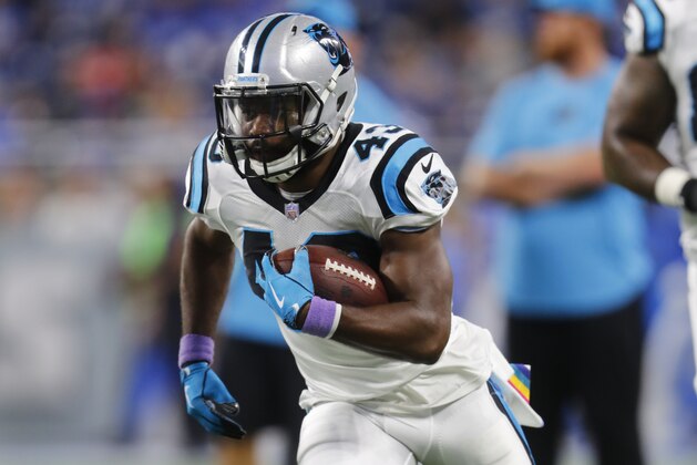 Carolina Panthers running back Fozzy Whittaker (43) runs during warmups before an NFL football game against the Detroit Lions in Detroit, Sunday, Oct. 8, 2017. (AP Photo/Paul Sancya)