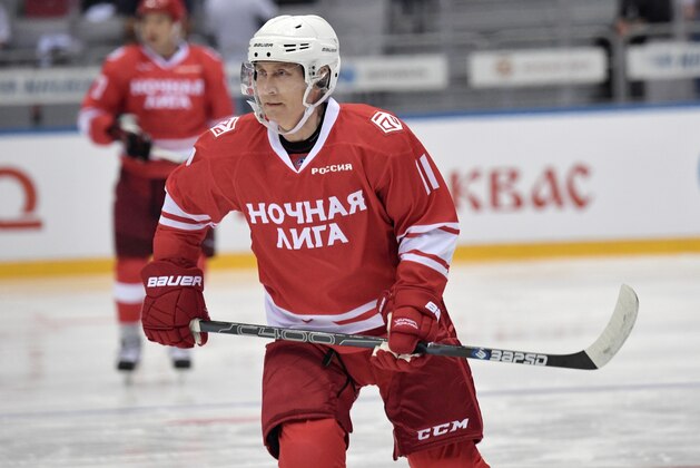 Russian President Vladimir Putin takes part in a match of the Night Hockey League teams in the Bolshoy Ice Arena in the Black Sea resort of Sochi, Russia, Thursday, May 10, 2018. (Alexei Nikolsky, Sputnik, Kremlin Pool Photo via AP)