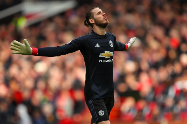 MANCHESTER, ENGLAND - APRIL 29: David de Gea of Manchester United reacts during the Premier League match between Manchester United and Arsenal at Old Trafford on April 29, 2018 in Manchester, England. (Photo by Robbie Jay Barratt - AMA/Getty Images)