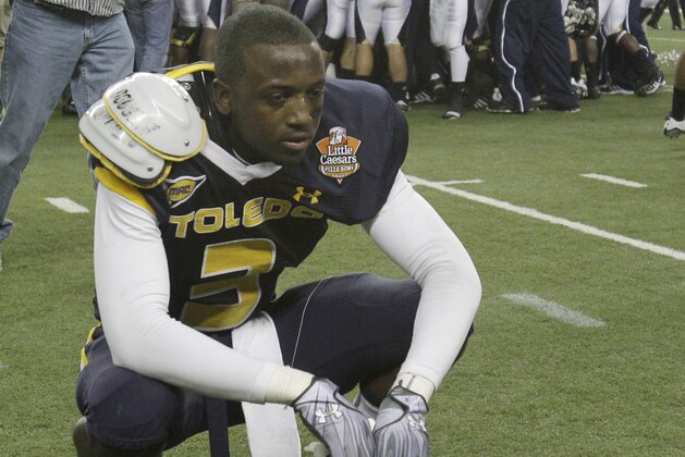 Toledo Rockets cornerback Desmond Marrow (3) reflects on his team's loss to Florida International after the Little Caesars Pizza Bowl NCAA college football game in Detroit, Sunday, Dec. 26, 2010.  (AP Photo/Carlos Osorio)