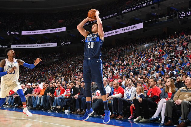 PHILADELPHIA, PA - APRIL 8: Doug McDermott #20 of the Dallas Mavericks shoots the ball against the Philadelphia 76ers on April 8, 2018 at Wells Fargo Center in Philadelphia, Pennsylvania. NOTE TO USER: User expressly acknowledges and agrees that, by downloading and/or using this photograph, user is consenting to the terms and conditions of the Getty Images License Agreement. Mandatory Copyright Notice: Copyright 2018 NBAE (Photo by Jesse D. Garrabrant/NBAE via Getty Images)