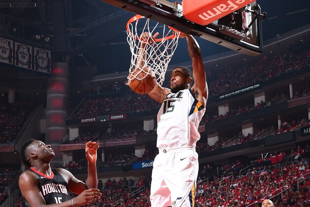 HOUSTON, TX - MAY 2: Derrick Favors #15 of the Utah Jazz dunks the ball against the Houston Rockets  in Game Two of Round Two of the 2018 NBA Playoffs on May 2, 2018 at Toyota Center in Houston, TX.  NOTE TO USER: User expressly acknowledges and agrees that, by downloading and or using this Photograph, user is consenting to the terms and conditions of the Getty Images License Agreement. Mandatory Copyright Notice: Copyright 2018 NBAE (Photo by Andrew D. Bernstein/NBAE via Getty Images)