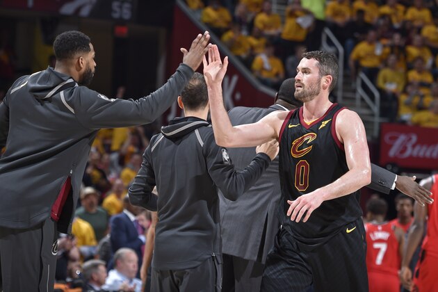 CLEVELAND, OH - MAY 7: Kevin Love #0 of the Cleveland Cavaliers high-fives Tristan Thompson #13 of the Cleveland Cavaliers during the game against the Toronto Raptors in Game Four of the Eastern Conference Semifinals during the 2018 NBA Playoffs on May 7, 2018 at Quicken Loans Arena in Cleveland, Ohio. NOTE TO USER: User expressly acknowledges and agrees that, by downloading and/or using this photograph, user is consenting to the terms and conditions of the Getty Images License Agreement. Mandatory Copyright Notice: Copyright 2018 NBAE (Photo by David Liam Kyle/NBAE via Getty Images)