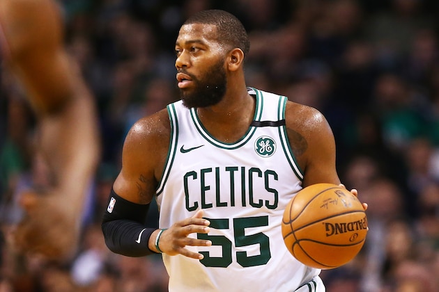 BOSTON, MA - APRIL 6:  Greg Monroe #55 of the Boston Celtics dribbles the ball during a game against the Chicago Bulls at TD Garden on April 6, 2018 in Boston, Massachusetts. NOTE TO USER: User expressly acknowledges and agrees that, by downloading and or using this photograph, User is consenting to the terms and conditions of the Getty Images License Agreement. (Photo by Adam Glanzman/Getty Images) *** Local Caption ***
