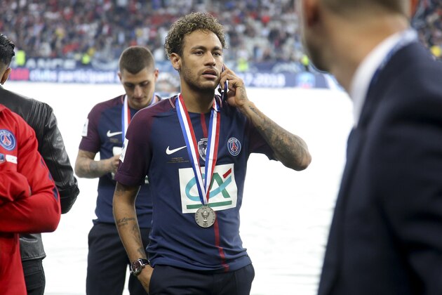 PARIS, FRANCE - MAY 8: Neymar Jr of PSG on the phone following the French Cup final (Coupe de France) between Les Herbiers VF and Paris Saint-Germain (PSG) at Stade de France on May 8, 2018 in Saint-Denis near Paris, France. (Photo by Jean Catuffe/Getty Images)
