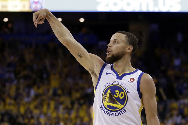 Golden State Warriors' Stephen Curry (30) follows through as he makes a 3-point basket during the second half in Game 5 of an NBA basketball second-round playoff series against the New Orleans Pelicans on Tuesday, May 8, 2018, in Oakland, Calif. (AP Photo/Marcio Jose Sanchez)