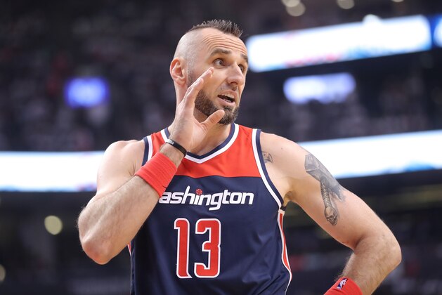 TORONTO, ON - APRIL 14: Marcin Gortat #13 of the Washington Wizards yells out instructions against the Toronto Raptors in the first quarter during Game One of the first round of the 2018 NBA Playoffs at Air Canada Centre on April 14, 2018 in Toronto, Canada. NOTE TO USER: User expressly acknowledges and agrees that, by downloading and or using this photograph, User is consenting to the terms and conditions of the Getty Images License Agreement. (Photo by Tom Szczerbowski/Getty Images) *** Local Caption *** Marcin Gortat