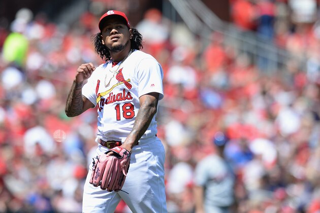 ST. LOUIS, MO - APRIL 26:  Carlos Martinez #18 of the St. Louis Cardinals during a game against the New York Mets at Busch Stadium on April 26, 2018 in St. Louis, Missouri.  (Photo by Michael Thomas/Getty Images) *** Local Caption ***  Carlos Martinez